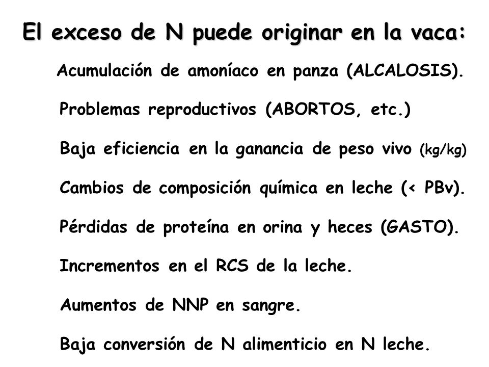 El exceso de N puede originar en la vaca: