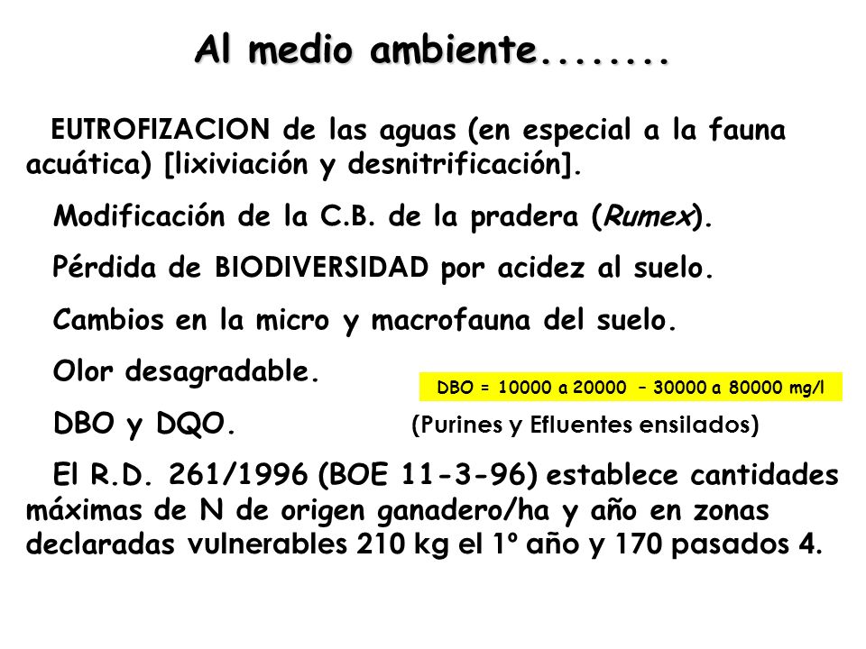 Al medio ambiente EUTROFIZACION de las aguas (en especial a la fauna acuática) [lixiviación y desnitrificación].