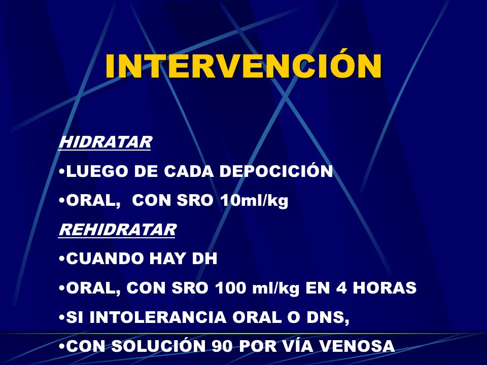 INTERVENCIÓN HIDRATAR LUEGO DE CADA DEPOCICIÓN ORAL, CON SRO 10ml/kg