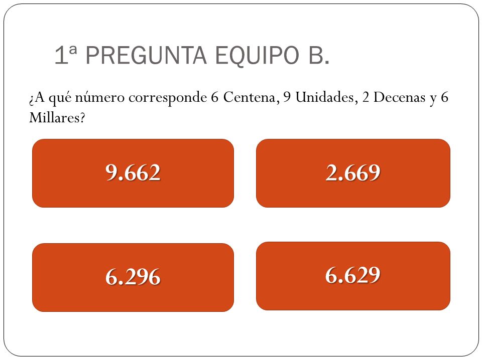 1ª PREGUNTA EQUIPO B. ¿A qué número corresponde 6 Centena, 9 Unidades, 2 Decenas y 6 Millares