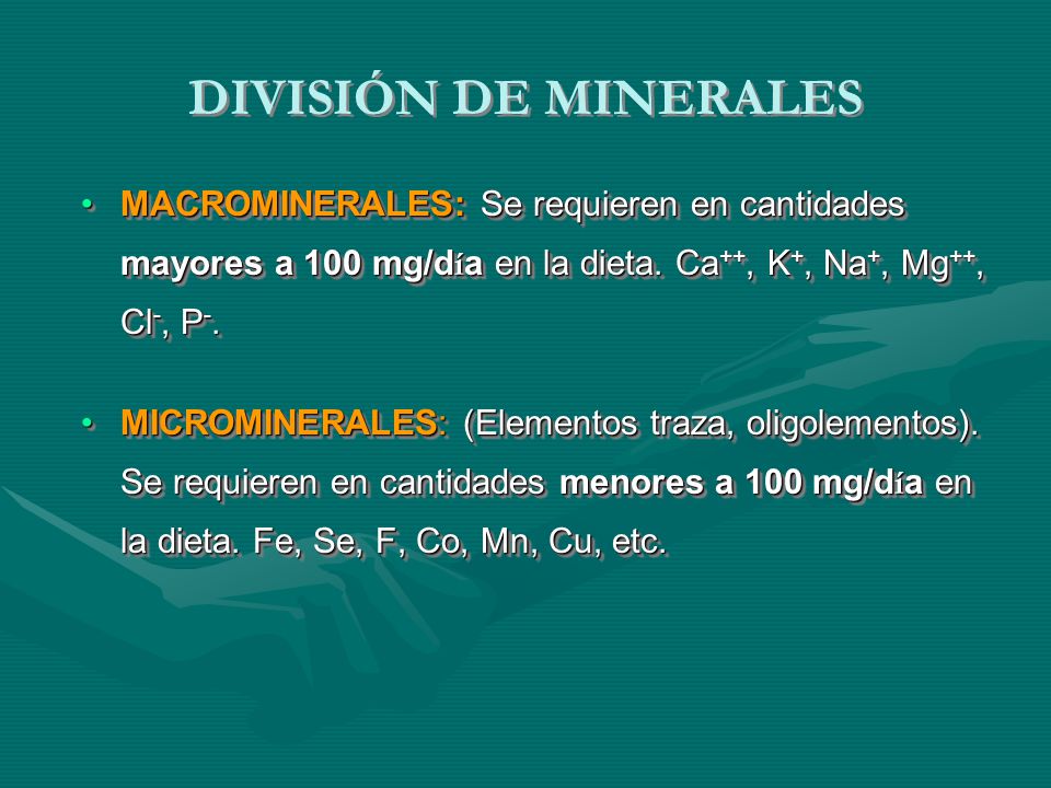 DIVISIÓN DE MINERALES MACROMINERALES: Se requieren en cantidades mayores a 100 mg/día en la dieta. Ca++, K+, Na+, Mg++, Cl-, P-.