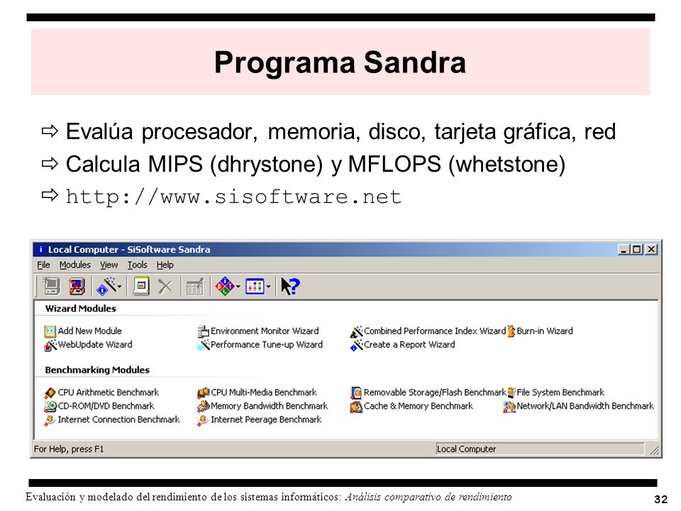 Programa Sandra Evalúa procesador, memoria, disco, tarjeta gráfica, red. Calcula MIPS (dhrystone) y MFLOPS (whetstone)