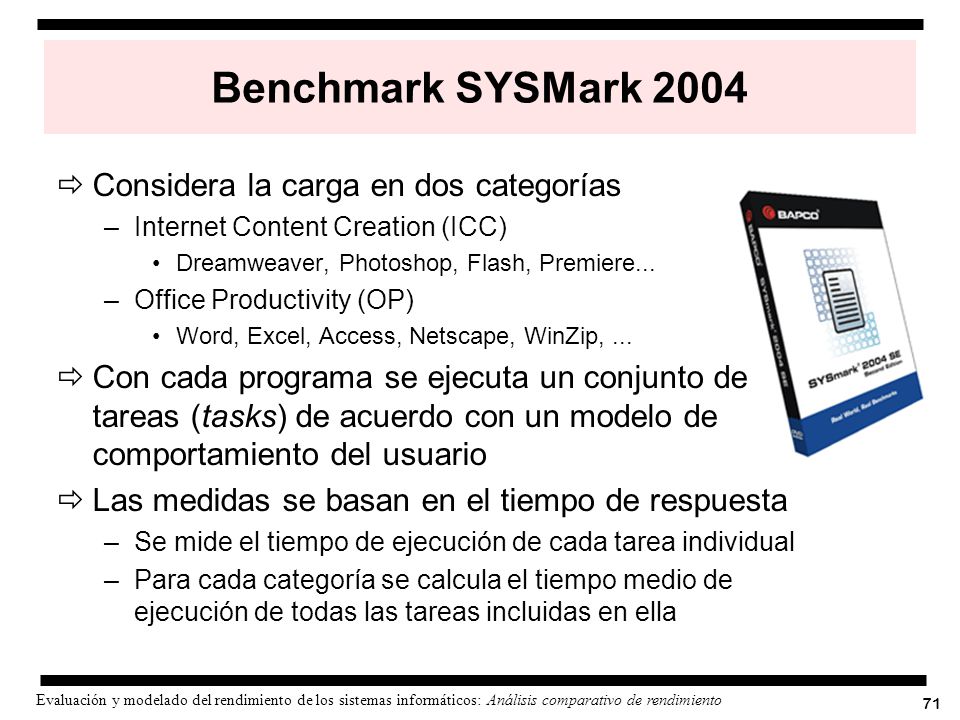 Benchmark SYSMark 2004 Considera la carga en dos categorías