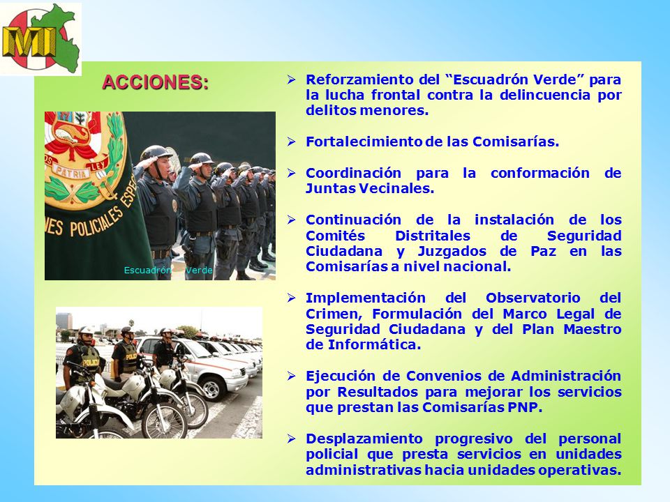 ACCIONES: Reforzamiento del Escuadrón Verde para la lucha frontal contra la delincuencia por delitos menores.