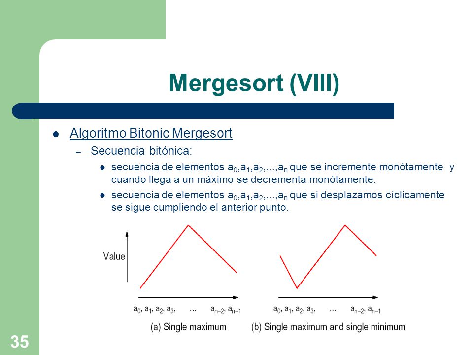 Mergesort (VIII) Algoritmo Bitonic Mergesort Secuencia bitónica: