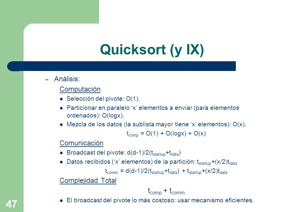 Quicksort (y IX) Análisis: Computación Comunicación Complejidad Total