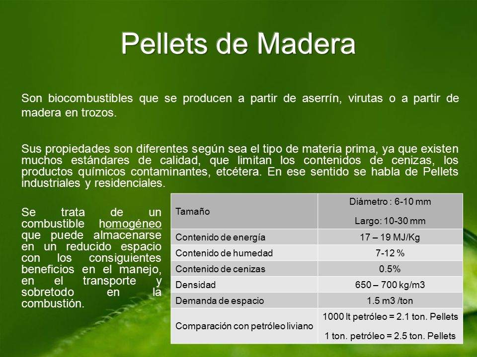 Pellets de Madera Son biocombustibles que se producen a partir de aserrín, virutas o a partir de madera en trozos.