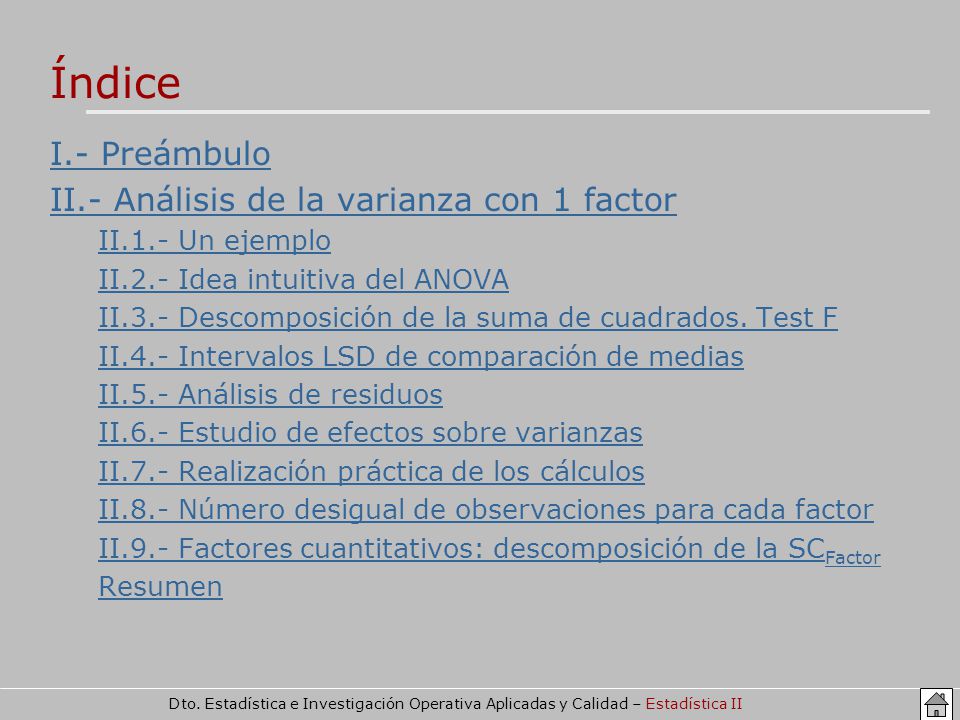 Índice I.- Preámbulo II.- Análisis de la varianza con 1 factor