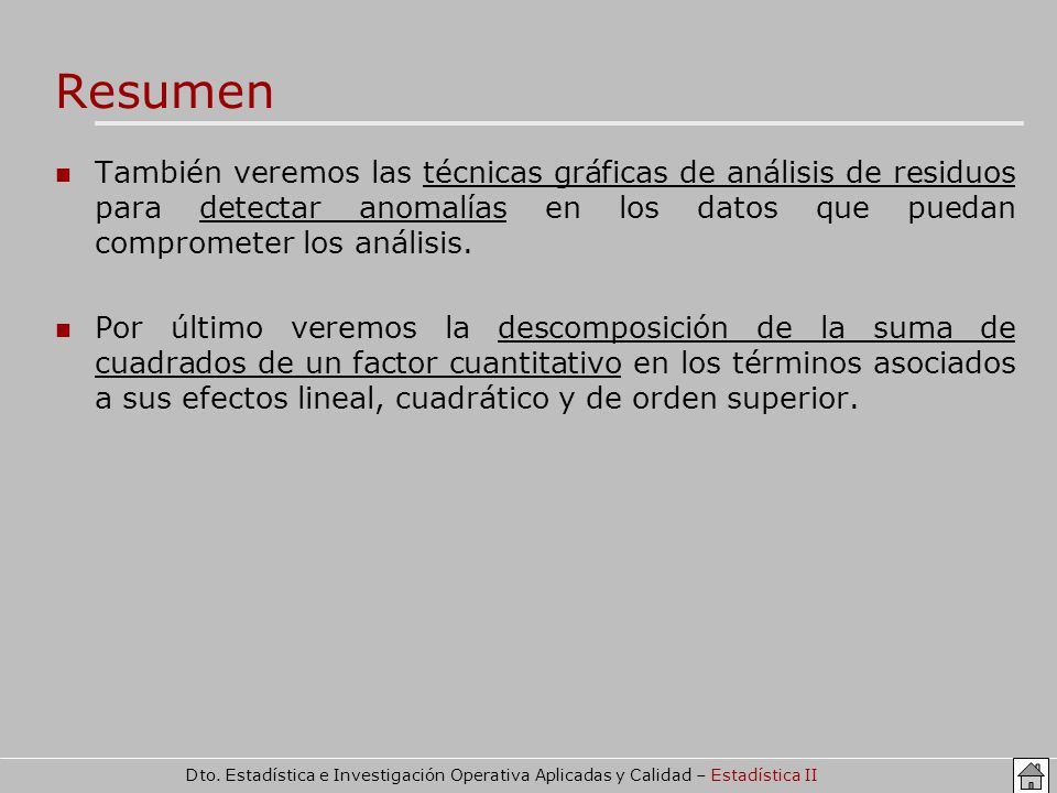 Resumen También veremos las técnicas gráficas de análisis de residuos para detectar anomalías en los datos que puedan comprometer los análisis.