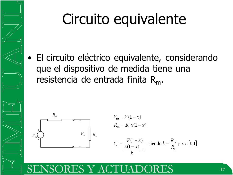 Circuito equivalente El circuito eléctrico equivalente, considerando que el dispositivo de medida tiene una resistencia de entrada finita Rm.