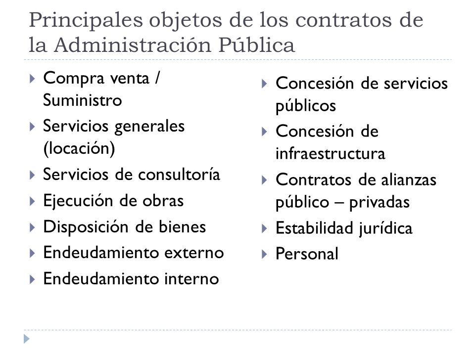 Principales objetos de los contratos de la Administración Pública