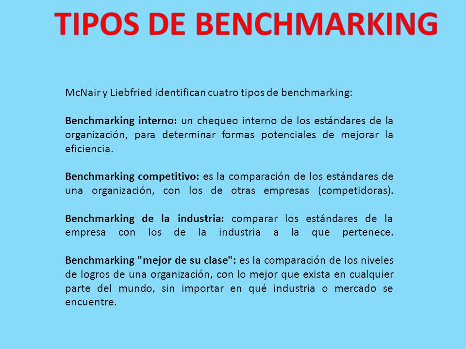 TIPOS DE BENCHMARKING McNair y Liebfried identifican cuatro tipos de benchmarking: