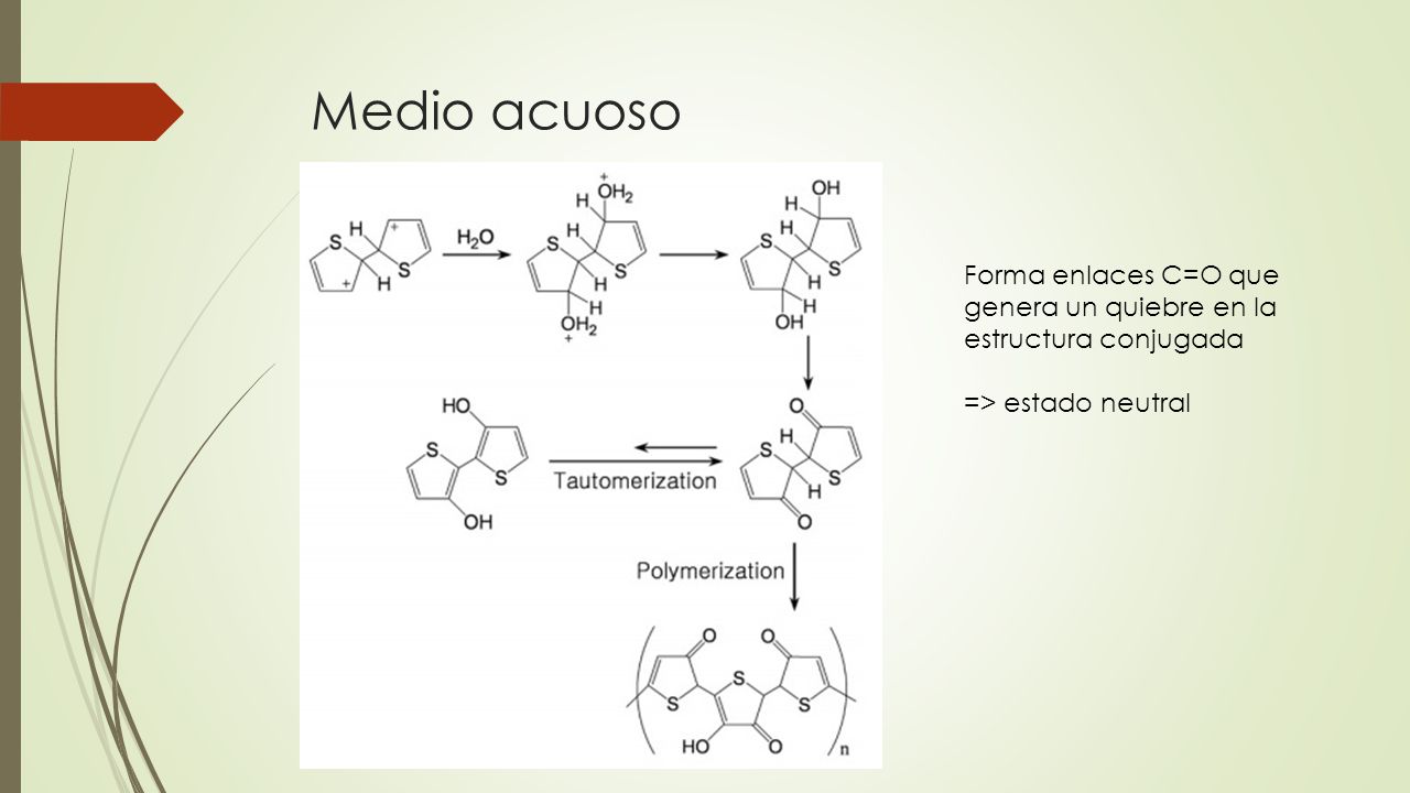 Medio acuoso Forma enlaces C=O que genera un quiebre en la estructura conjugada => estado neutral