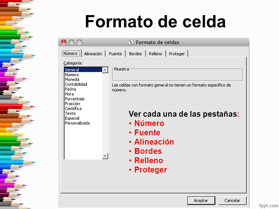 Formato de celda Ver cada una de las pestañas: Número Fuente