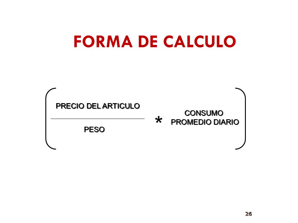 FORMA DE CALCULO PRECIO DEL ARTICULO PESO CONSUMO PROMEDIO DIARIO *