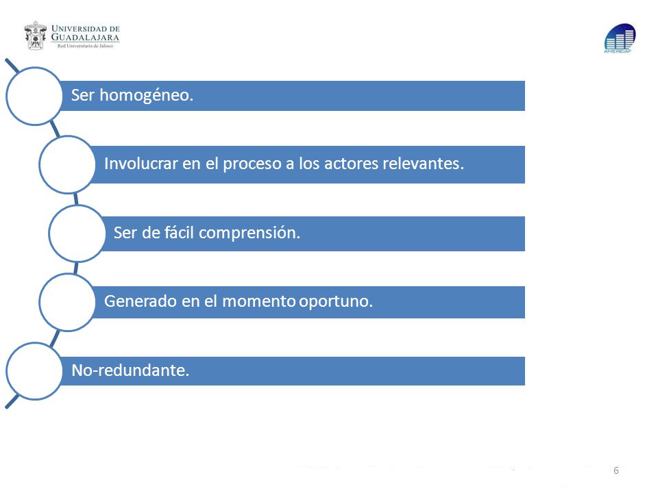 Ser homogéneo. Involucrar en el proceso a los actores relevantes. Ser de fácil comprensión. Generado en el momento oportuno.