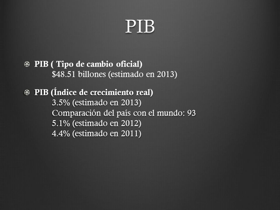 PIB PIB ( Tipo de cambio oficial) $48.51 billones (estimado en 2013)