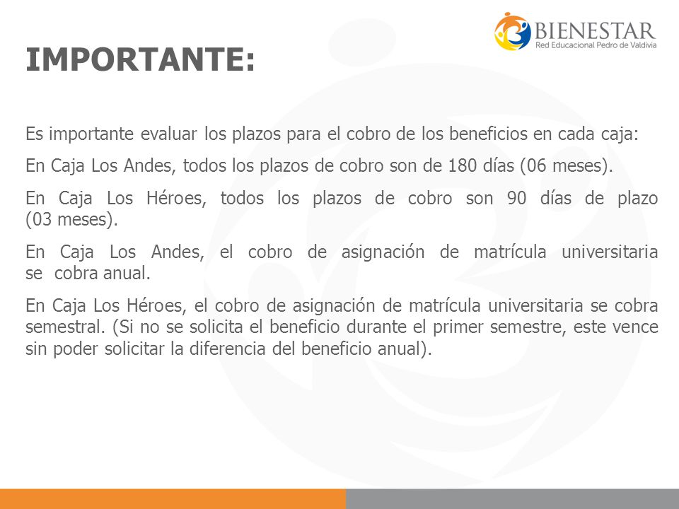 IMPORTANTE: Es importante evaluar los plazos para el cobro de los beneficios en cada caja: