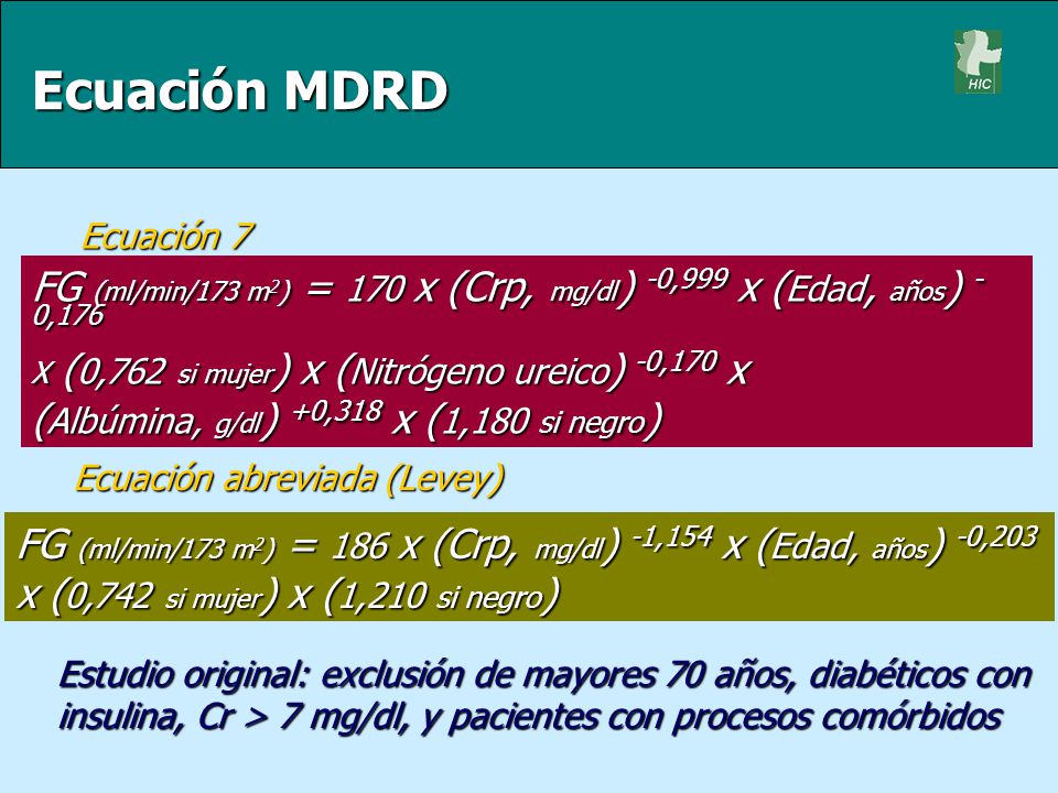 Ecuación MDRD Ecuación 7. FG (ml/min/173 m2) = 170 x (Crp, mg/dl) -0,999 x (Edad, años) -0,176. X (0,762 si mujer) x (Nitrógeno ureico) -0,170 x.