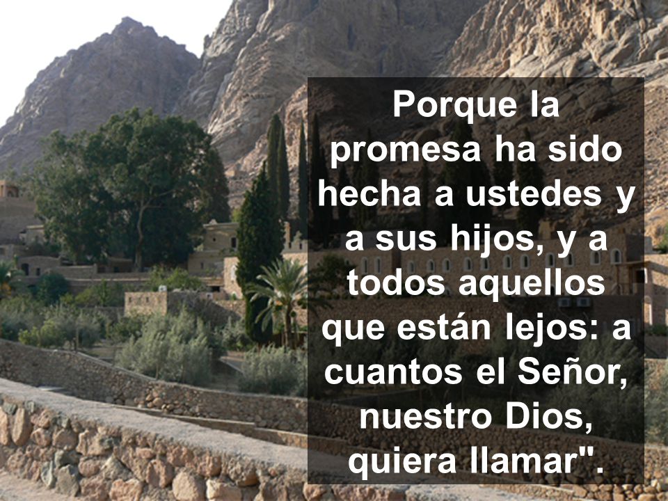 Porque la promesa ha sido hecha a ustedes y a sus hijos, y a todos aquellos que están lejos: a cuantos el Señor, nuestro Dios, quiera llamar .