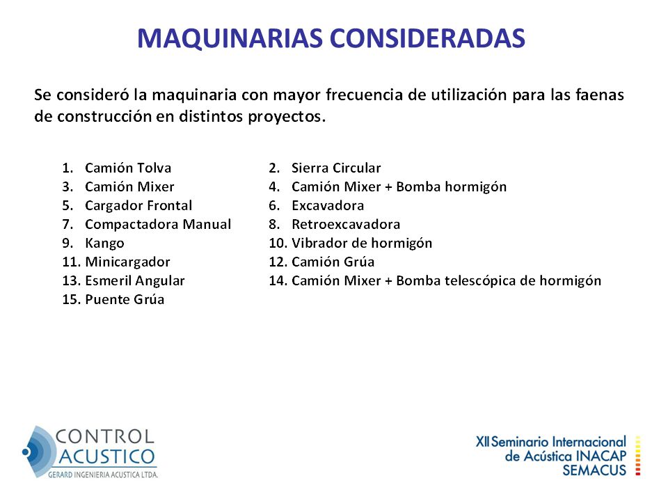 MAQUINARIAS CONSIDERADAS
