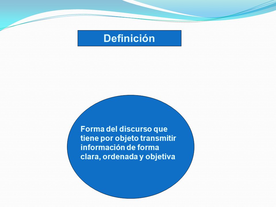 Definición Forma del discurso que tiene por objeto transmitir información de forma clara, ordenada y objetiva.