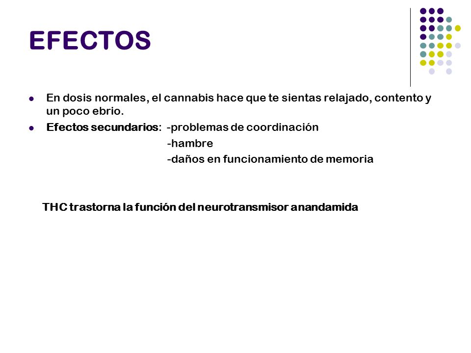 EFECTOS En dosis normales, el cannabis hace que te sientas relajado, contento y un poco ebrio. Efectos secundarios: -problemas de coordinación.