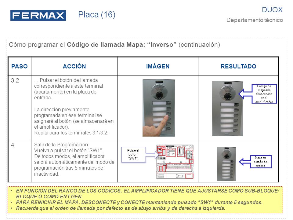 Placa (16) DUOX. Departamento técnico. Cómo programar el Código de llamada Mapa: Inverso (continuación)