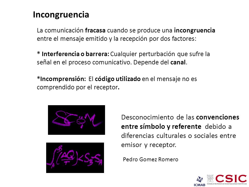 Incongruencia La comunicación fracasa cuando se produce una incongruencia entre el mensaje emitido y la recepción por dos factores: