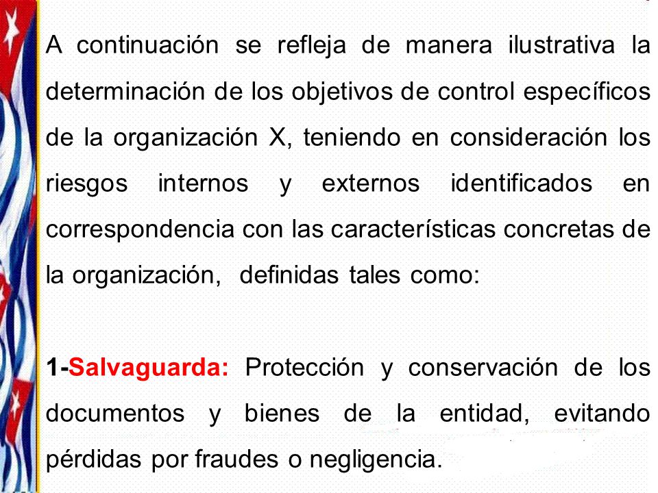 A continuación se refleja de manera ilustrativa la determinación de los objetivos de control específicos de la organización X, teniendo en consideración los riesgos internos y externos identificados en correspondencia con las características concretas de la organización, definidas tales como: