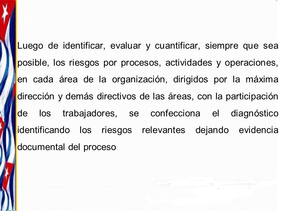 Luego de identificar, evaluar y cuantificar, siempre que sea posible, los riesgos por procesos, actividades y operaciones, en cada área de la organización, dirigidos por la máxima dirección y demás directivos de las áreas, con la participación de los trabajadores, se confecciona el diagnóstico identificando los riesgos relevantes dejando evidencia documental del proceso