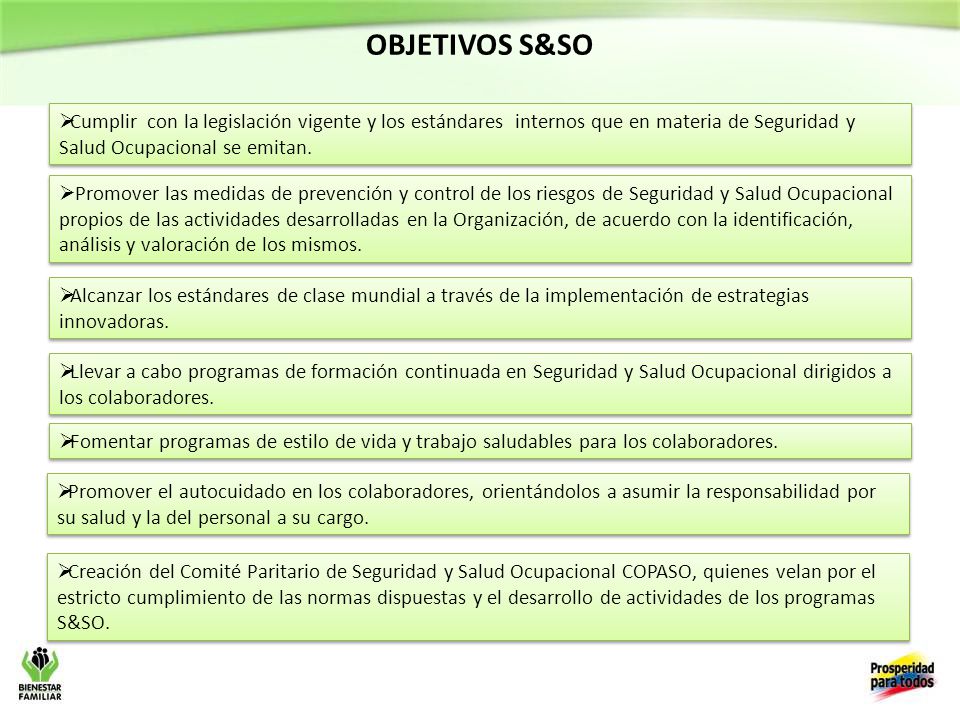 OBJETIVOS S&SO Cumplir con la legislación vigente y los estándares internos que en materia de Seguridad y Salud Ocupacional se emitan.