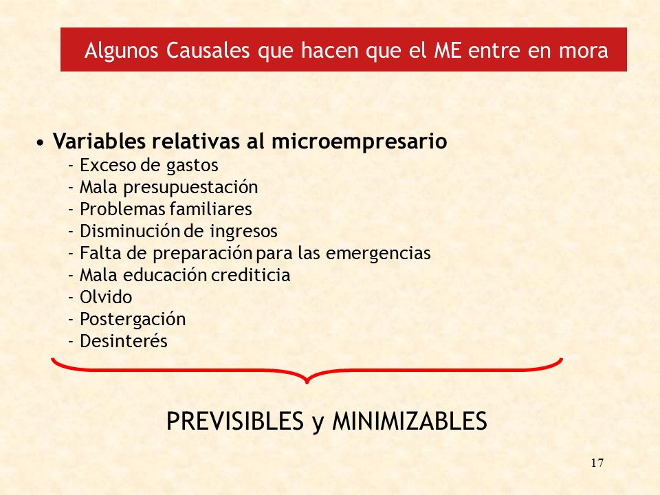 Algunos Causales que hacen que el ME entre en mora
