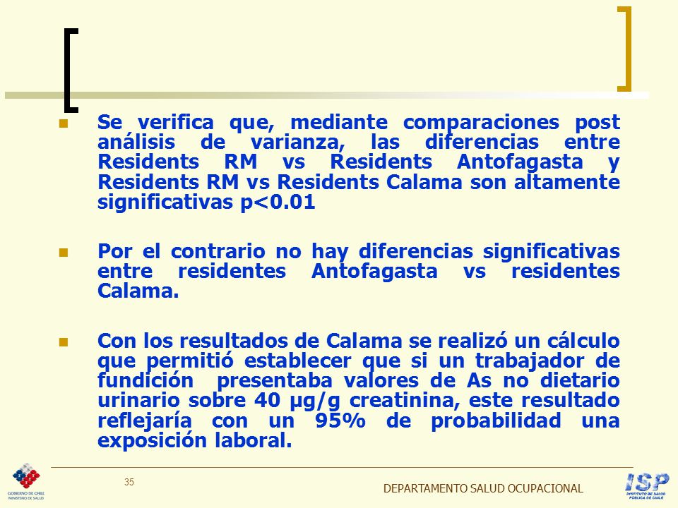 Se verifica que, mediante comparaciones post análisis de varianza, las diferencias entre Residents RM vs Residents Antofagasta y Residents RM vs Residents Calama son altamente significativas p<0.01