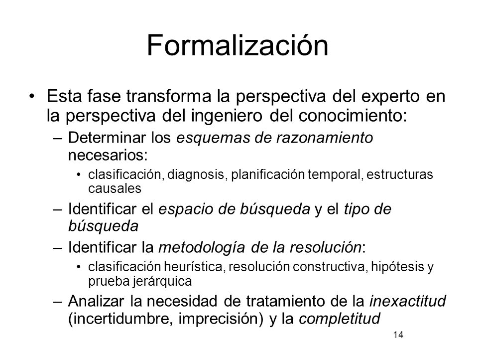 Formalización Esta fase transforma la perspectiva del experto en la perspectiva del ingeniero del conocimiento: