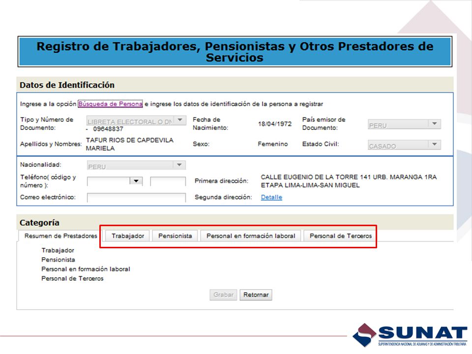 Al dar Búsqueda de Personas aparece esta pantalla en donde se debe consignar el Tipo y N° de Documentoy fecha de Nacimiento como medio de verificación