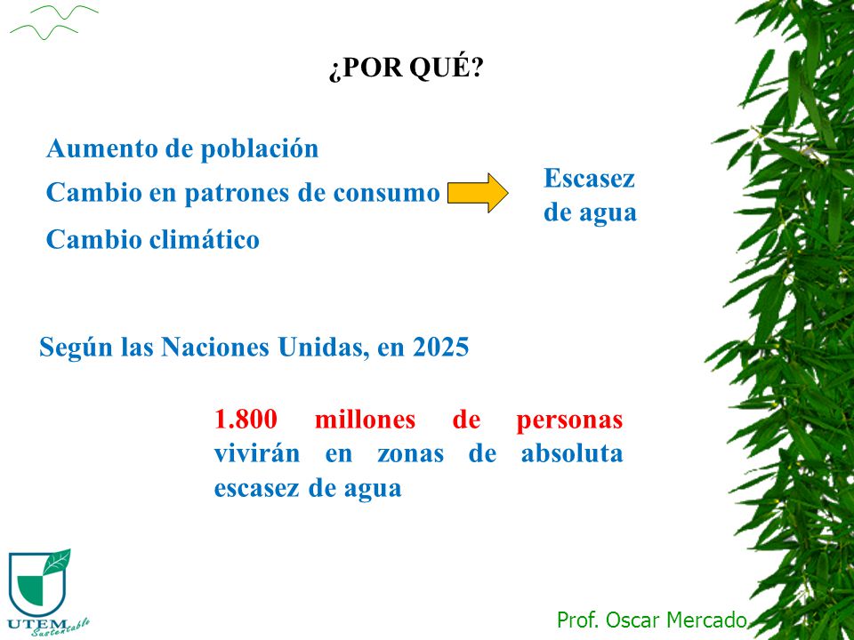 ¿POR QUÉ Aumento de población. Escasez de agua. Cambio en patrones de consumo. Cambio climático.