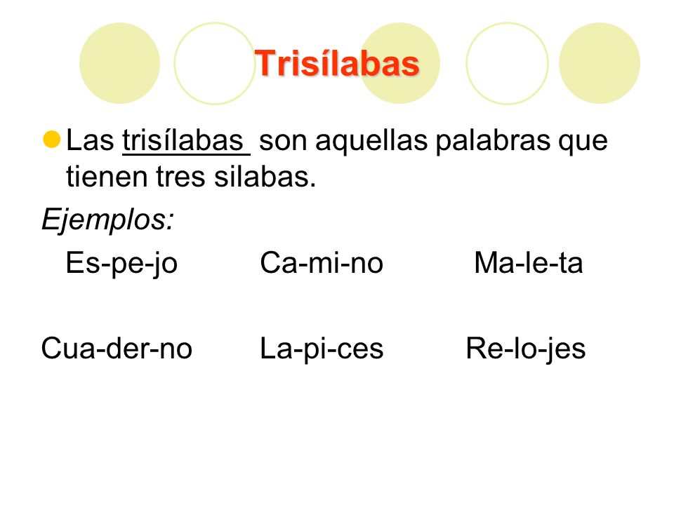 Trisílabas Las trisílabas son aquellas palabras que tienen tres silabas. Ejemplos: Es-pe-jo Ca-mi-no Ma-le-ta.