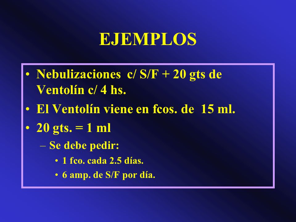 EJEMPLOS Nebulizaciones c/ S/F + 20 gts de Ventolín c/ 4 hs.