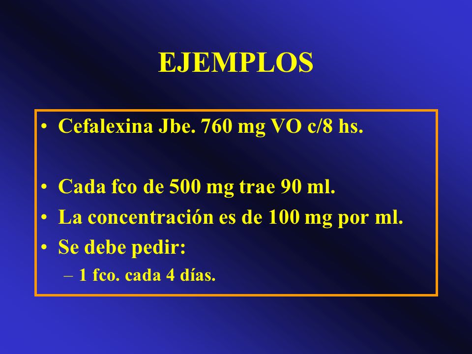 EJEMPLOS Cefalexina Jbe. 760 mg VO c/8 hs.