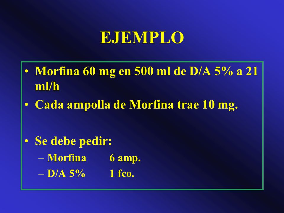EJEMPLO Morfina 60 mg en 500 ml de D/A 5% a 21 ml/h