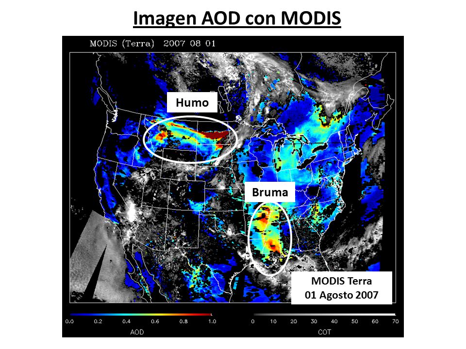 Imagen AOD con MODIS Humo Bruma MODIS Terra 01 Agosto 2007