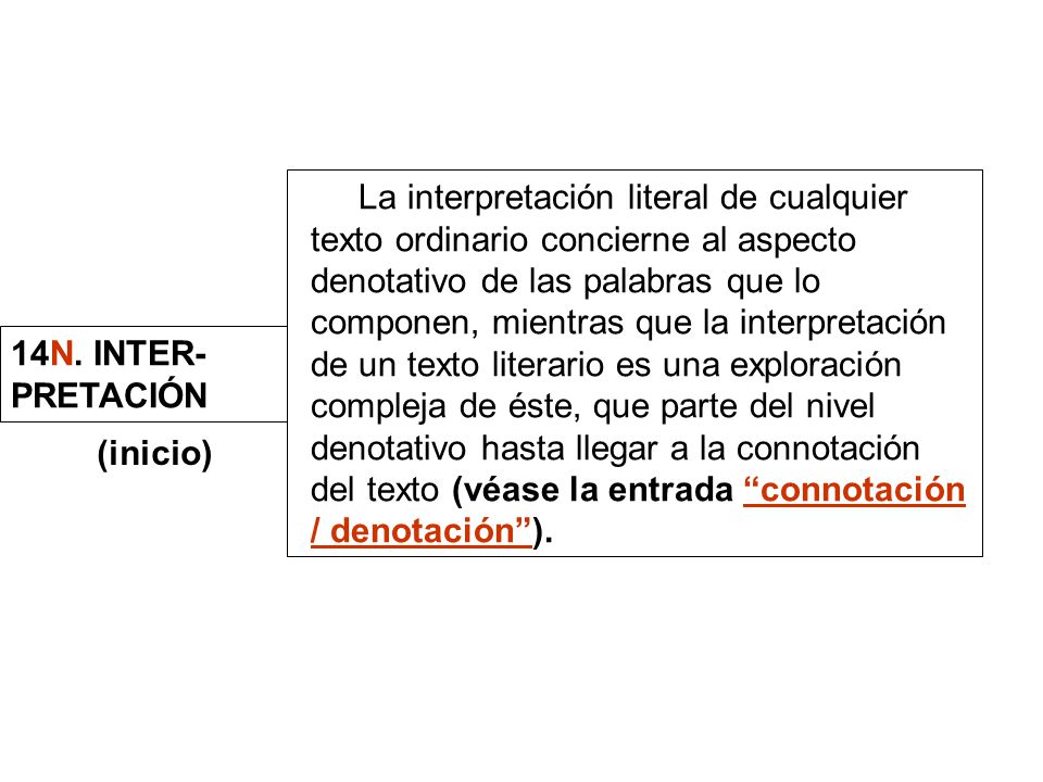 La interpretación literal de cualquier texto ordinario concierne al aspecto denotativo de las palabras que lo componen, mientras que la interpretación de un texto literario es una exploración compleja de éste, que parte del nivel denotativo hasta llegar a la connotación del texto (véase la entrada connotación / denotación ).