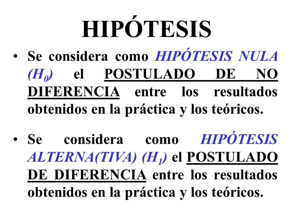 HIPÓTESIS Se considera como HIPÓTESIS NULA (H0) el POSTULADO DE NO DIFERENCIA entre los resultados obtenidos en la práctica y los teóricos.