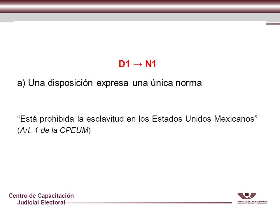 Disposición y norma a) Una disposición expresa una única norma D1 → N1