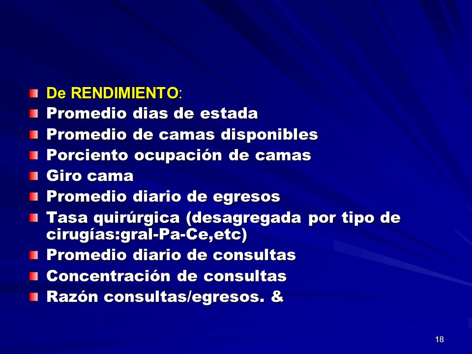 De RENDIMIENTO: Promedio dias de estada. Promedio de camas disponibles. Porciento ocupación de camas.