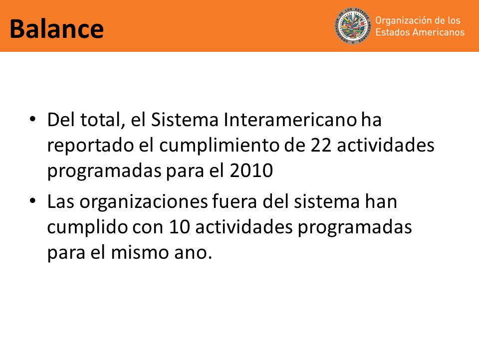Balance Del total, el Sistema Interamericano ha reportado el cumplimiento de 22 actividades programadas para el