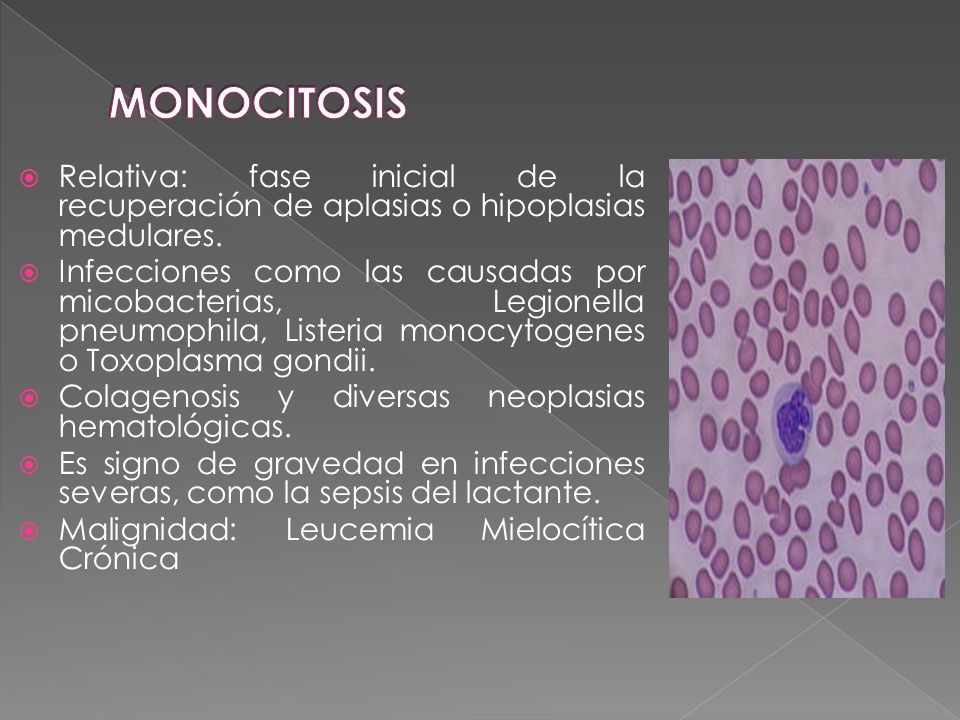 MONOCITOSIS Relativa: fase inicial de la recuperación de aplasias o hipoplasias medulares.