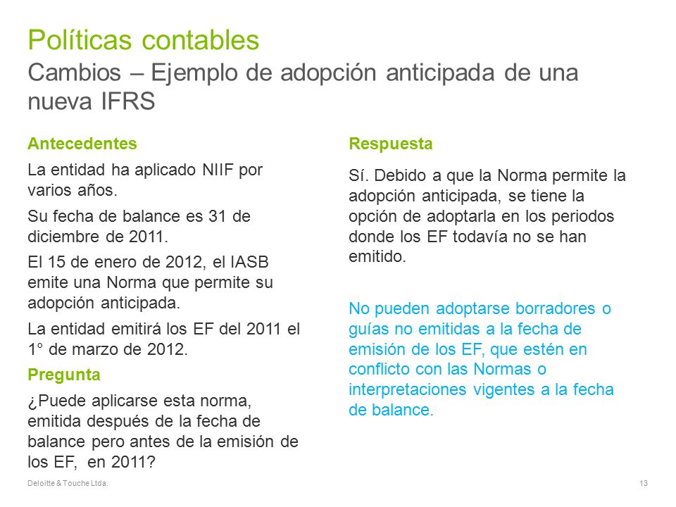 Políticas contables Cambios – Ejemplo de adopción anticipada de una nueva IFRS. Antecedentes. La entidad ha aplicado NIIF por varios años.