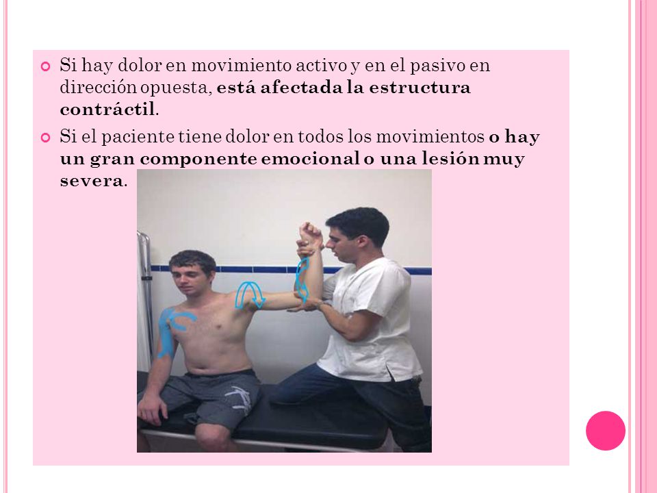 Si hay dolor en movimiento activo y en el pasivo en dirección opuesta, está afectada la estructura contráctil.